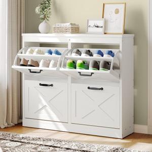 YITAHOME Shoe Cabinet with 4 Flip Drawers, Freestanding Shoe Rack, Shoe Organizer, Narrow Shoe Cabinet for EntryWay Hallway Living Room, White