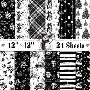 24 Sheets Christmas Scrapbook Paper 12''  12'' Double-Sided Xmas Black Plaid Pattern Paper Decorative Art Cardstock for Holiday DIY Crafts Card Making Scrapbook Supplies