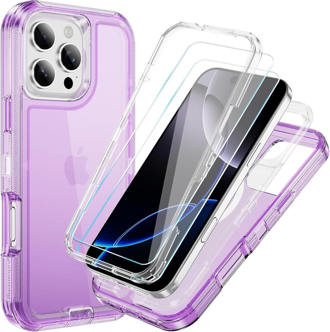 2 x Compatible with iPhone 16 Pro Case with HD Screen Protector, Heavy Duty Shockproof [3 in 1] Clear Phone Cases for iPhone 16 Pro 6.3" (Purple)