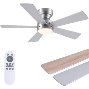 46" Ceiling Fan with Lights Low Profile, Flush Mount Ceiling Light with Remote and 5 Blades, Mute Reversible Motor, 6 Speeds and 3CCT Dimming, Modern Fan Light for Indoor Bedroom, Silver