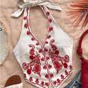 OYOANGLE Women's Floral Boho Summer Halter Crop Tops Embroidery Vacation Tank Top Tie Backless Vintage Going Out Tops,  XL