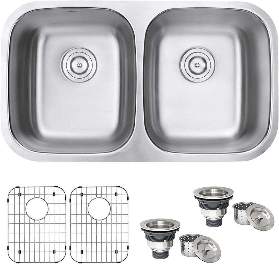 Ruvati 32-Inch Undermount Kitchen Sink  50/50 Double Bowl Kitchen Sink, 16 Gauge T-304 Stainless Steel Sinks, Deep Basin Sinks, Brushed Finish  RVM4300 (32.25 x 18.5 x 9 in)