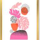 Geometric Moon & Sun Shapes with Tropical Leaves  Modern Framed Canvas Wall Art Print, Abstract Dcor, 36x36