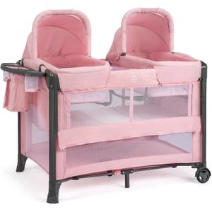 JOYMOR Twin Bassinet for Baby, Pink Bedside Bassinet, Convertible to Bedside Baby Bed and Playpen, with Wheel, Brake, Quick Foldable, Pink