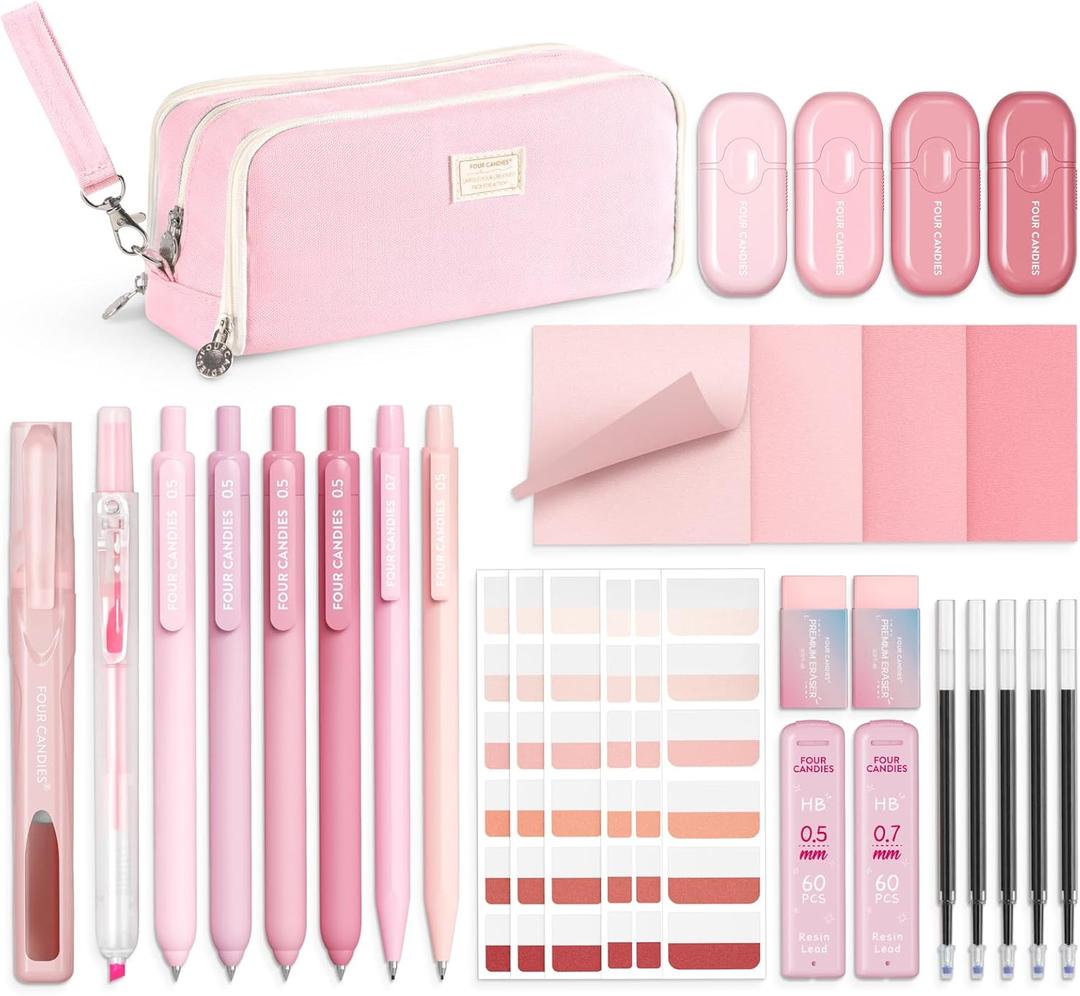 Four Candies Pink School Supplies with Case, Gel Pens with Black Ink, Correction Tapes, Pastel Highlighters, Mechanical Pencils, Sticky Notes, Index Post for Bible Study Stationary College Essentials