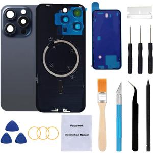 Rear Back Glass Replacement for iPhone 15 Pro Max 6.7-inches + Pre-Installed Plate and Camera Frame and Lens + Reparing Tool Kit (Blue Titanium)