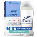 Secret Clinical Strength Antiperspirant Deodorant for Women, 100hr Sweat & Odor Protection, Free & Sensitive, 3X Stress Protection with Hyaluronic Acid, PH Balanced, Invisible Solid, Unscented, 2.6 oz