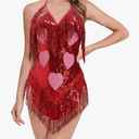 Sequin Sparkle Stars Fringes Bodysuit Leotard Rave Outfit for Women Music Festival Latin Dance Tassel Fringe Romper, S