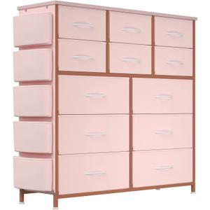 Jojoka Dresser for Bedroom with 12 Drawer, Dressers & Chests of Drawers for Hallway, Entryway, Storage Organizer Unit with Fabric, Sturdy Metal Frame, Wood Tabletop, Easy Pull Handle (Pink)