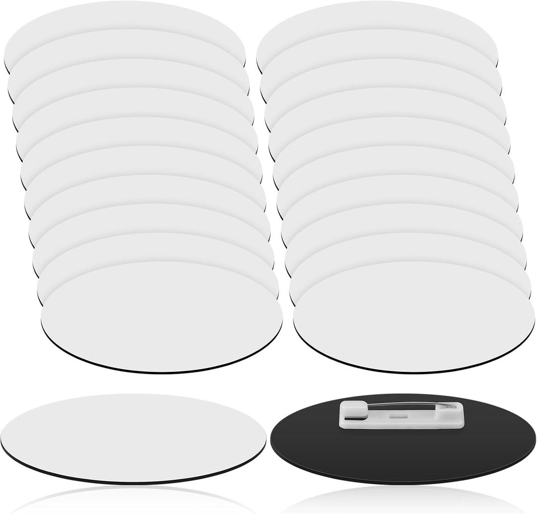 XunYee 20 Pcs Blank Name Tags Pins 1.5 x 3 Inch Plastic Oval Name Badge Holder with Clips DIY Engraved Custom ID Badge for Teacher Employee Office Workers (White)