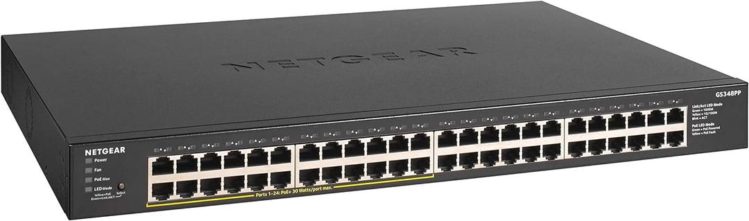 NETGEAR 48-Port PoE+ Gigabit Ethernet Unmanaged Essentials Switch (GS348PP) - with 24 x PoE+ @ 380W, Desktop or Rackmount