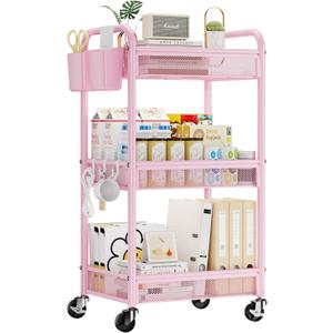 YASONIC 3 Tier Rolling Cart  Metal Utility Storage Cart with Wheels, Craft Cart Organizer with Hanging Cups, Hooks, Mesh Basket for Bedside Kitchen Office Art, Pink