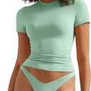 SUUKSESS Women Double Lined Fitted Basic Tee Crew Neck Short Sleeve Y2K Crop Top (Small, Aqua)