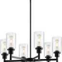 9MMML Farmhouse 6-Light Glass Chandelier, Modern Black Light Fixture for Kitchen Dining Room Over Table, Industrial Lighting for Living Room, Foyer, Entryway, E26 Bulb Base
