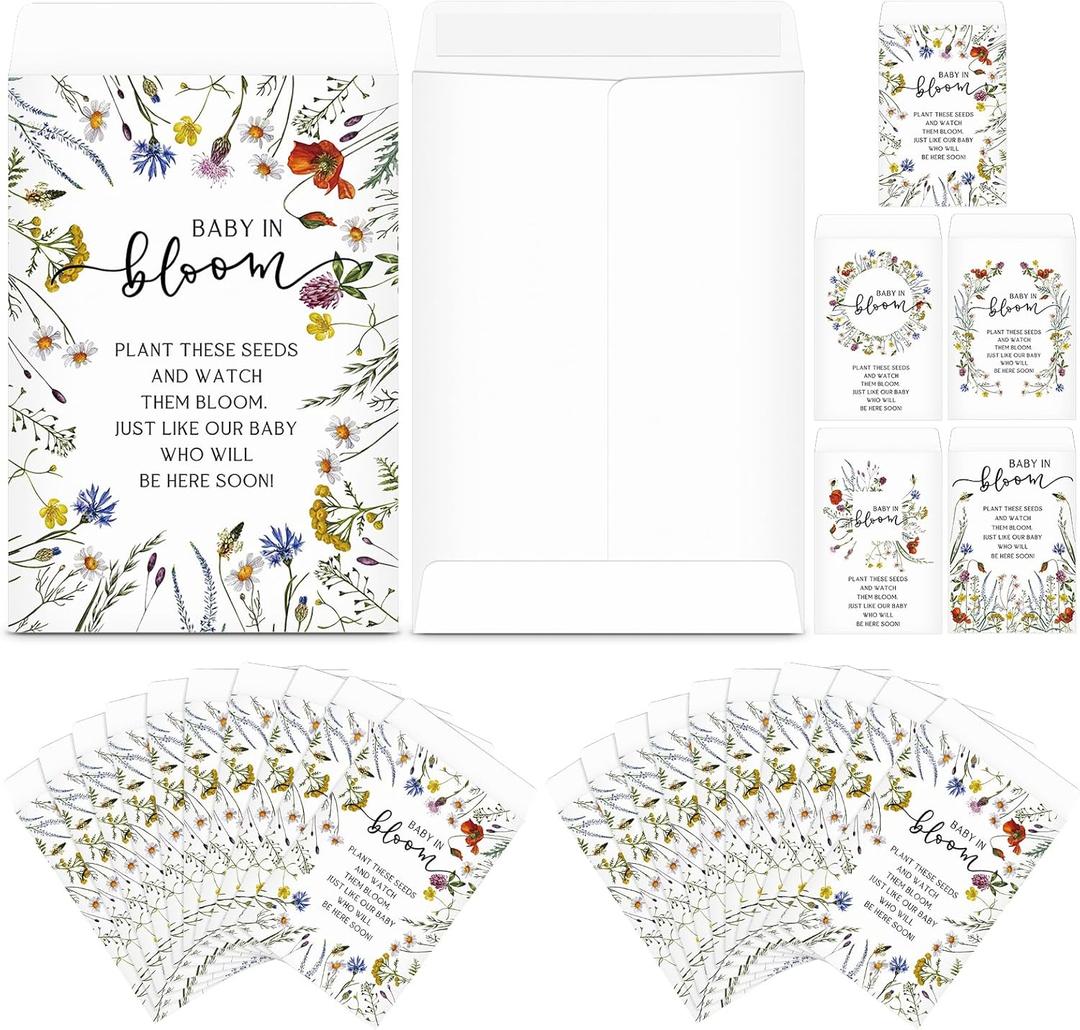 Fumete 50 Pcs Baby in Bloom Seed Packet Favors Baby Shower Wildflower Kraft Self Adhesive Envelopes Mini Organizer for Garden Office Gift Party Favors, No Seeds, 5 Styles