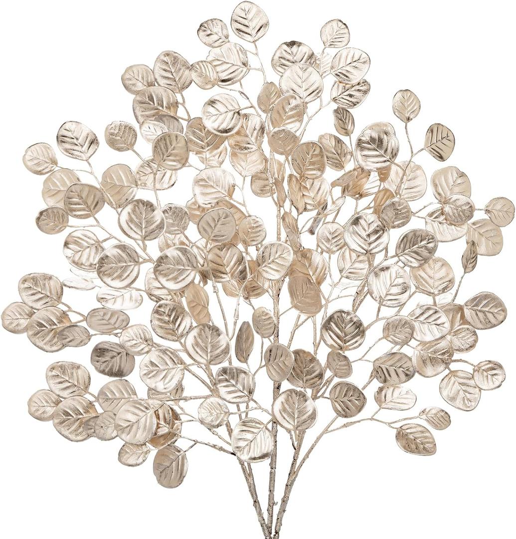 Hollyone 24.8 Christmas Tree Picks and Sprays 3Pcs Champagne Artificial Eucalyptus Stems Eucalyptus Silver Dollar Leaves Branches Floral for Xmas Tree Garland Wreath Centerpieces Wedding Decor