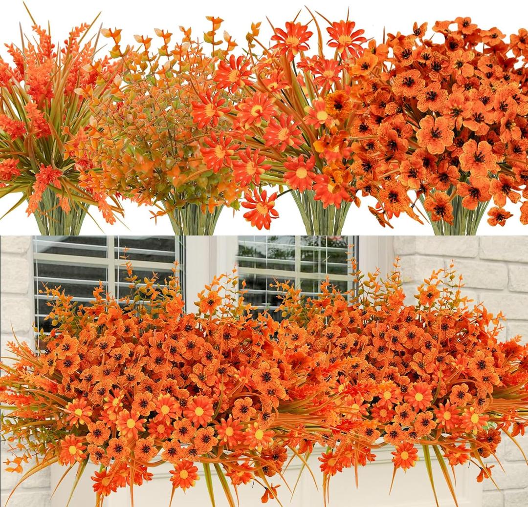24 Bundles Artificial Fall Flowers Outdoor UV Resistant Fake Autumn Plants No Fade Faux Fall Plants Arrangements for Farmhouse Garden Porch Window Box Thanksgiving Home Decor (Eucalyptus + Violet)