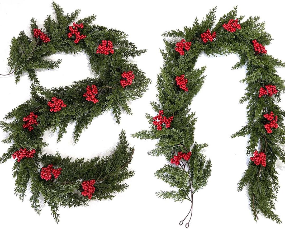 6FT Christmas Garland Artificial Norfolk Pine Garland with Red Berries for Mantle, Indoor Outdoor Use,Holiday Christmas Decor (Army Green, 1.8m)