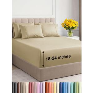 Extra Deep Queen Sheet Set - 6 Piece Breathable and Cooling Sheets - Hotel Luxury Bed Sheets Set - Easy & Secure Fit - Soft, Wrinkle Free and Comfy Sheets Set - Beige Sheet Set with Extra Deep Pockets