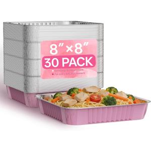 8x8 Aluminum Disposable Foil Baking Pans (30 Pack) - Pink Square Non-Stick Tin for Birthday Parties, Wedding Events, Cake, Cookie, Muffin, Brownie Baking