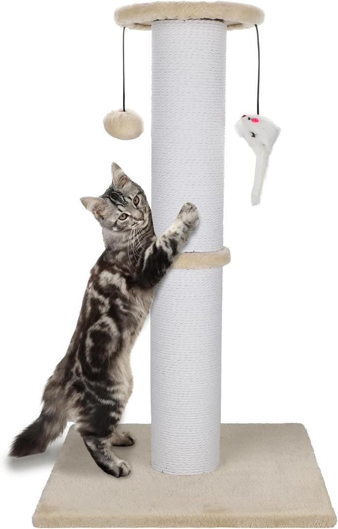 Ahomdoo Cat Scratching Post 34 Inches Heavy Duty and Thicker Cat Scratching Post Sisal Rope with Hanging Ball and Mice Scratching Post for Indoor Cats and Adult(Beige)