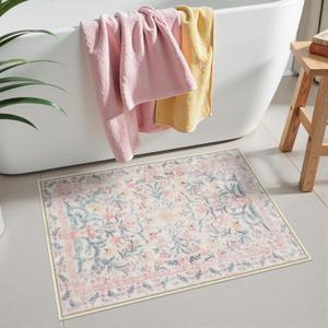 Seavish Pink Bathroom Rugs, 20 x 32 Inch Boho Floral Bath Rugs, Non Slip Washable Bathroom Rugs Fit Under Door, Ultra Soft and Absorbent Bath Mat for Bathtub Shower Sink