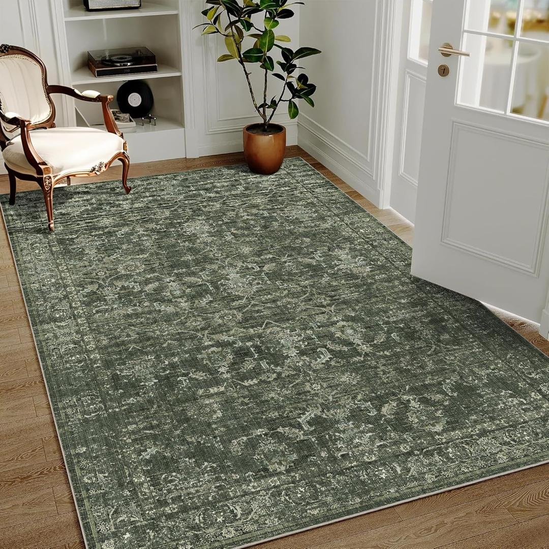Washable Area Rug 4x6 Green Rugs for Living Room, Vintage Boho Large Rug for Bedroom Dining Room Office, Distressed Floral Print Carpet for Under Table, Soft Non Slip Low Pile Throw Carpet Indoor Mat