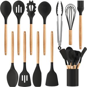 Silicone Cooking Utensil Set,12 PCS Cooking Cookware Kitchen Utensils Set for Cooking, Nonstick 446F Heat-Resistant Cookware Kitchen Tools of Spoon,Brush,Whisk,Spatula,Turner Tongs (Black)