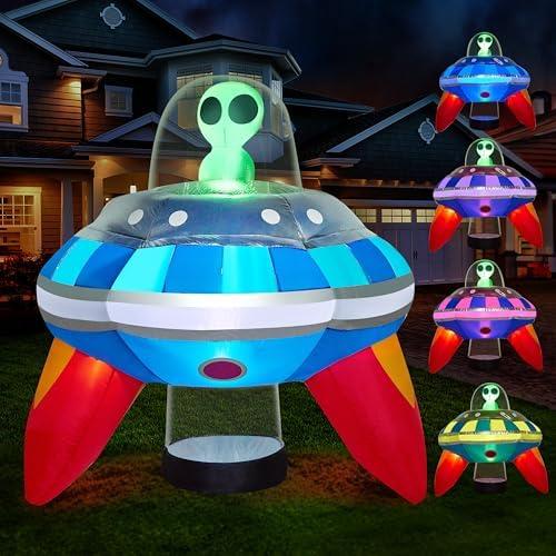Joiedomi 5 FT Halloween Inflatable Outdoor Decoration, Inflatable Alien Decor Outdoor, Alien Blow Up with UFO Yard Decorations with Colorful LEDs for Halloween Decor