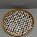 14-inch Rattan Checkered Tray with Mother of Pearl, Round Coffee Table Tray Decor, Round Wicker Boho Decorative Woven Serving Tray (Checkerboard)