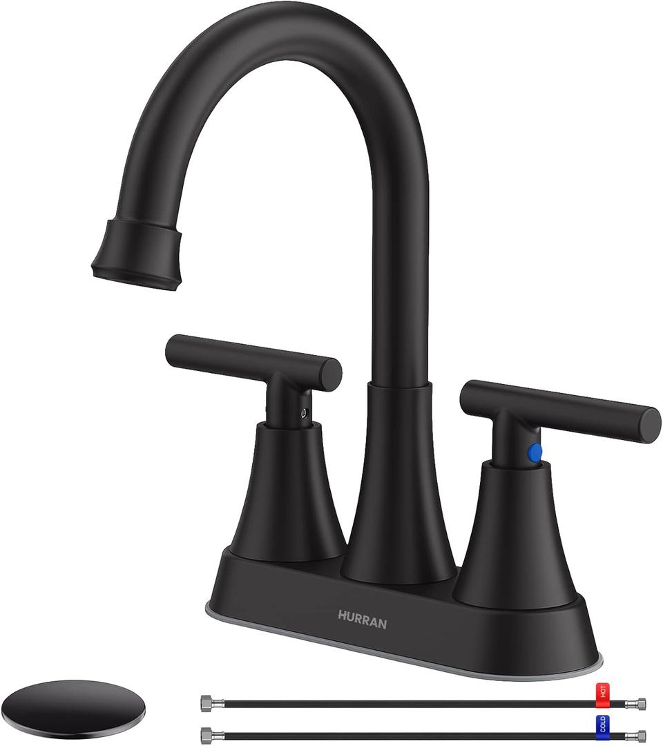 Bathroom Faucets for Sink 3 Hole, Hurran 4 inch Matte Black Bathroom Sink Faucet with Pop-up Drain and 2 Supply Hoses, Stainless Steel Lead-Free Centerset Faucet for Vanity RV, 1 Pack