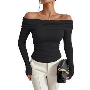 Prettywear Women's Sexy Off Shoulder Tops Business Casual Slim Fit Long Sleeves Spring Fall Blouse Going Out Nightout Shirt Black, Size L