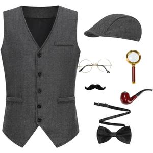 Adults Detective Costume Accessories Set 7 Pcs, Private Investigator Halloween Outfit 1920s Vest Hat for Men Women (X-Large, Dark Grey)