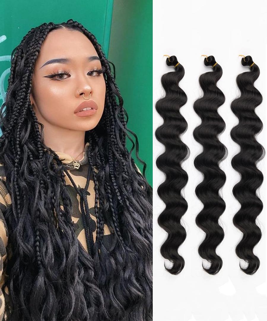 3Packs Body Wave Braiding Hair with Crochet Hook 24Inch Pre-Feathered Braiding Hair Deep Wave Crochet Hair French Curl Crochet Braids Hair for Boho Box Braids Goddess Hair(Natural Black, 1B)