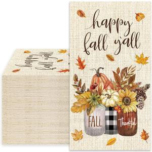 Whaline 80Pcs Fall Guest Paper Napkins Hello Fall Pumpkin Leaves Floral 3 Ply Disposable Napkins Autumn Rustic Dinner Hand Towels for Harvest Thanksgiving Party Table Decor
