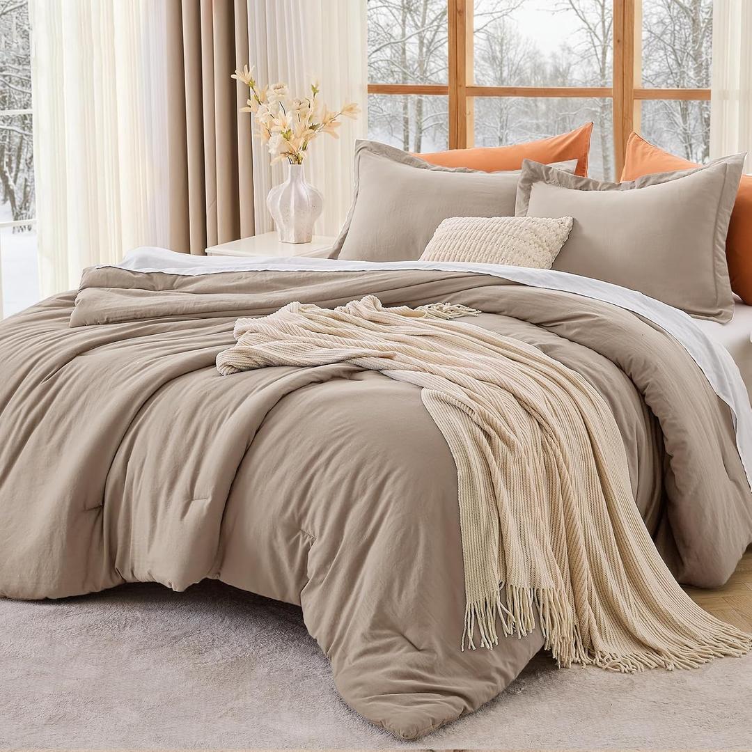 MUXHOMO Full Comforter Sets, All Season Ultra Soft Down Alternative Bedding - 3 Piece Lightweight Bed Set Includes 1 Comforter (82"x86") and 2 Pillow Shams (20"x26"), Dark Linen
