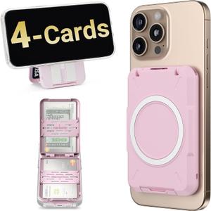 PROfezzion Double Sided Magnetic Phone Wallet, RFID Blocking Snap-on Hard Shell Card Holder 4-Cards Designed for MagSafe Compatible with iPhone 17 16 15 14 13 12 Pro Max & MagSafe Case (0.5" Thick) (Pink)