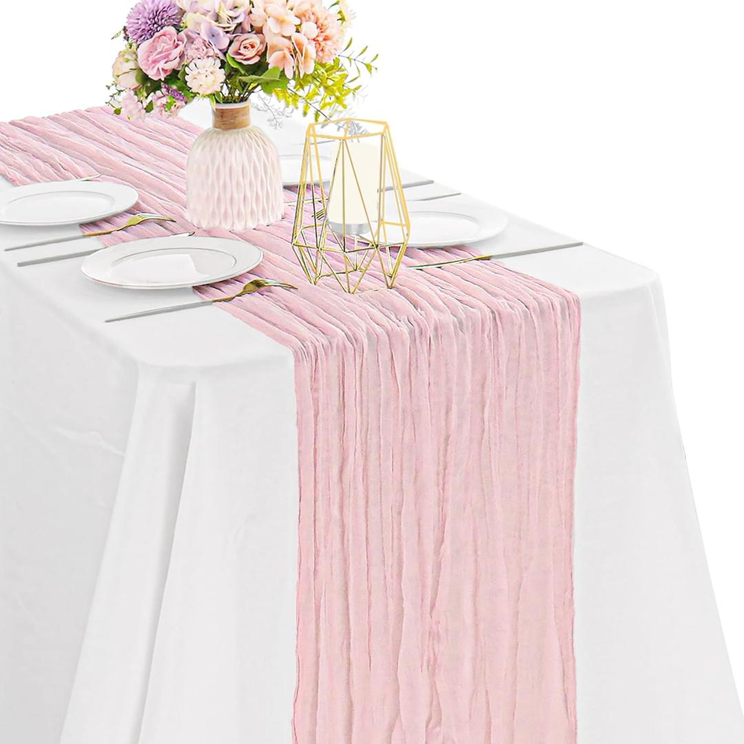 Pink Valentine's Day 10FT Cheesecloth Table Runner Boho Gauze Fabric Table Runner Rustic Sheer Runner for Wedding Bridal Baby Shower Birthday Party Boho Table Decor1 Pack Pink (35" x 120"-1 Pack)