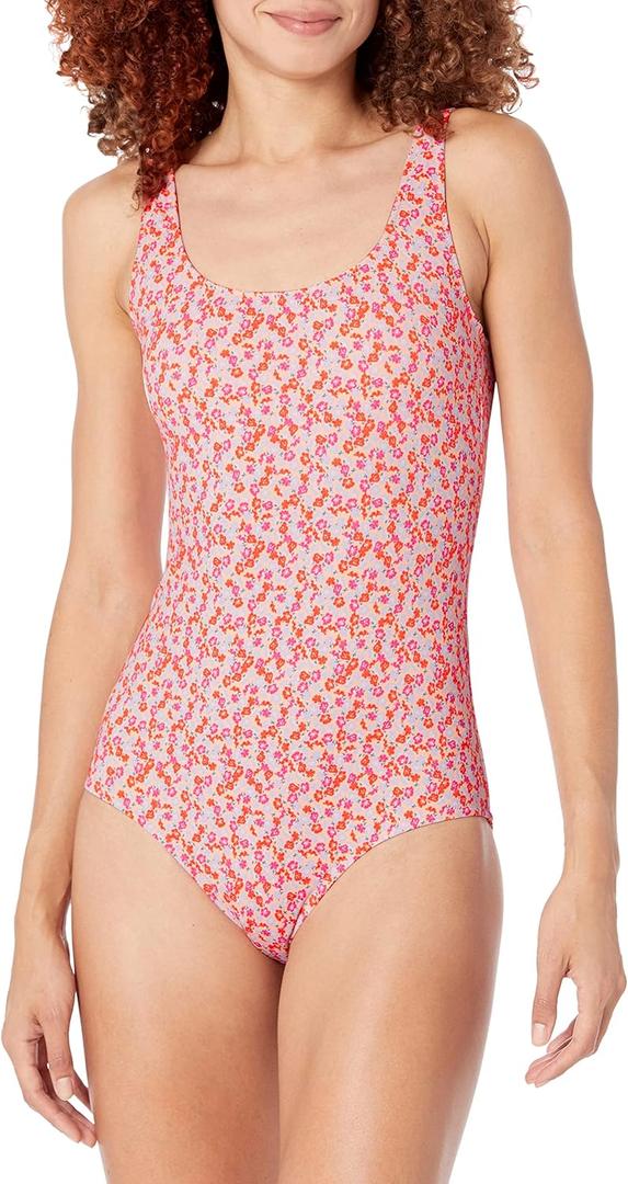 Amazon Essentials Women's One-Piece Coverage Swimsuit (Available in Plus Size) (Pale Peach Micro Floral)