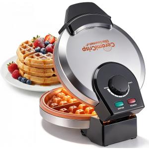 Elite Gourmet Belgian Waffle Maker with PFAS-Free CeramiCrisp Ceramic Nonstick Plates, Adjustable Browning Control, 1100W Heating, Power & Ready Indicator Lights, Vertical Storage, Stainless Steel