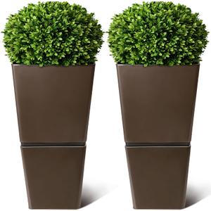 T4U Tall Planter for Outdoor Plants, 24.8 Inch Outdoor Planters for Porch Set of 2, Large Planter for Indoor & Outdoor Plants with Wheels Drainage Plug, Front Porch, Patio, for Home Decor (Dark Brown)