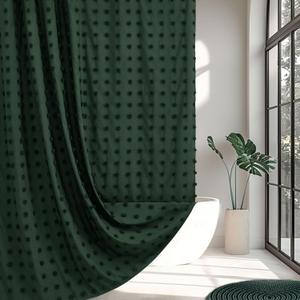 Extra Long Boho Farmhouse Shower Curtain Woven Fabric 84 Inch Dark Green Shower Curtain, 72 x 84 Tufted Pleat Floral Puffs Textured Modern Minimalist Hunter Green Shower Curtain Set for Bathroom
