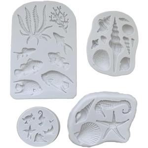 AFINSEA 4PCS Marine Theme Fondant Silicone Mold Seaweed Sea Fish Crab Coral Conch Sea Shells Shape DIY Handmade Baking Tools, For Theme Cake Cookie Chocolate Candy Decoration Fondant Polymer Clay