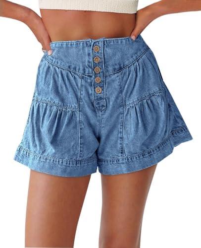 Cicy Bell Womens Summer Flowy Jean Shorts Button Up High Waisted Wide Leg Denim Skort with Pockets M