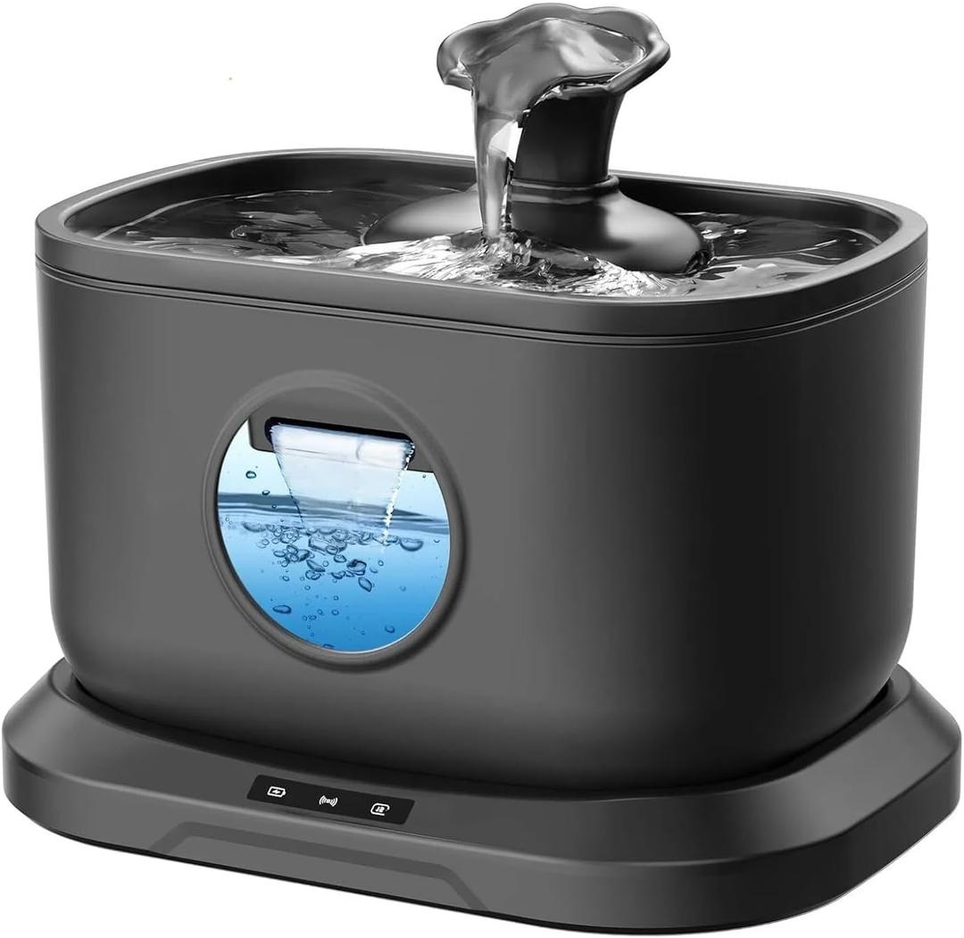 Cat Water Fountain, Radar Sensing Cordless Water Fountains for Cats Indoor, Battery Operated Wireless Pump, Premium Multi-Layer Filter 2.5L/84oz Quiet Automatic Pet Dispenser, Black