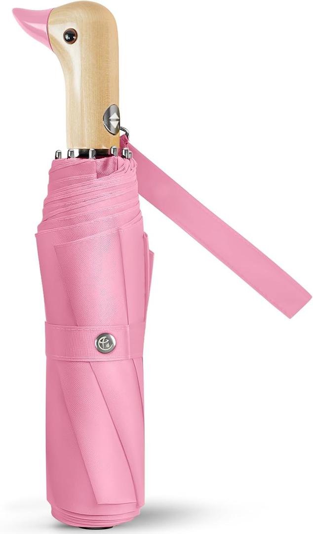 Small Travel Umbrella Folding - Wood Duck Head Collapsible Umbrellas for Rain Strong Automatic Parasol Duck Gifts Cute Umbrella for Women Mens Pink