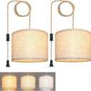KUAUGST Plug in Pendant Light, Hanging Lights with Plug in Cord, Hanging Lamp with 15ft Hemp Rope, On/Off Switch, Beige Linen Shade, Light Fixture for Bedroom, Living Room, Dining Table 2 Pack
