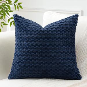 OTOSTAR Pom Poms Decorative Corduroy Throw Pillow Covers 20x20 Inch Super Soft Boho Striped Square Cushion Covers Case Geometric for Sofa Couch Bedroom Car Decor Set of 1, Navy Blue