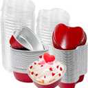 50Pcs Mini Heart Shaped Cake Pans with Lids,100 ml 3.4 oz Disposable Valentine Cupcake Cup Mini Aluminum Foil Baking Cups Ramekins Muffin Cupcake Liners for Wedding Birthday Party,Red