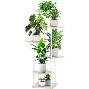 YOCOMEY 6 Tier Wood Tall Plant Stand Metal Rack Indoor, Multiple Flower Pot Holder Shelves Corner Rack, Planter Shelf Display Rack Storage Organizer for Patio Living Room Balcony Garden(White Oak)